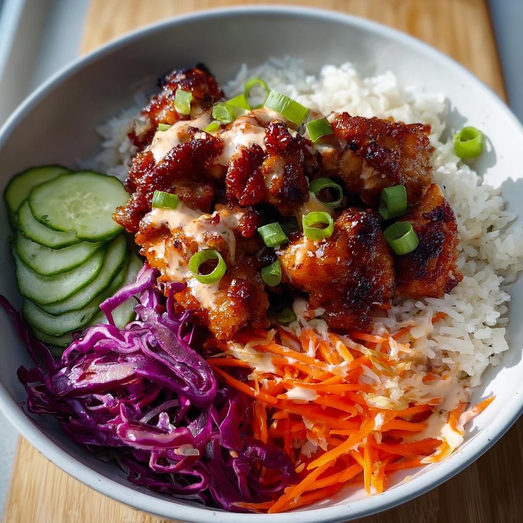 A colorful Bang Bang Chicken Bowl featuring crispy chicken over rice, topped with sauce, scallions, and sides of cucumber, slaw, and red cabbage.