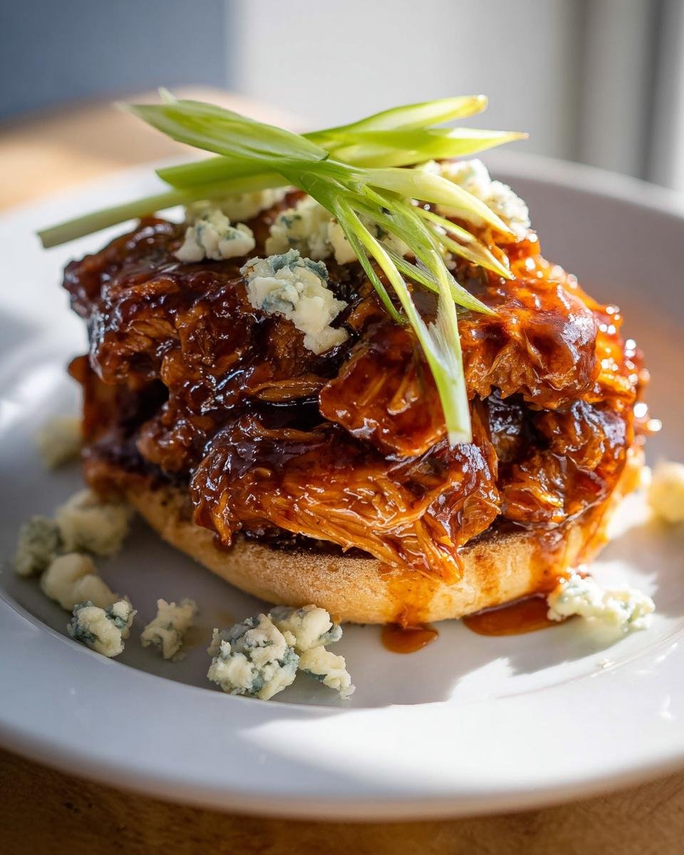 Shredded BBQ chicken thigh meat piled high on a bun, topped with blue cheese crumbles and green onions.