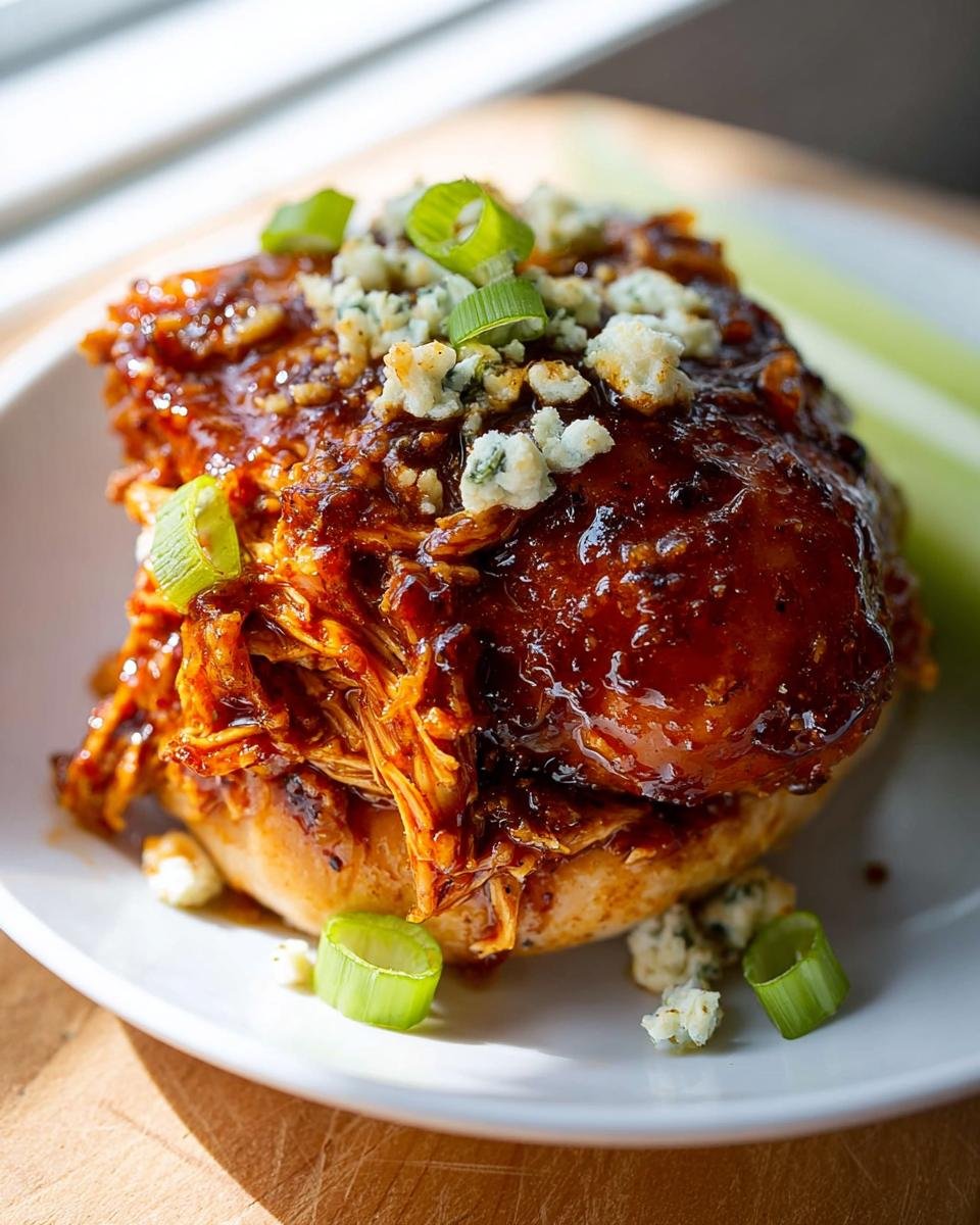 Close-up of a pulled chicken thigh sandwich covered in rich BBQ sauce, topped with blue cheese crumbles and green onions.