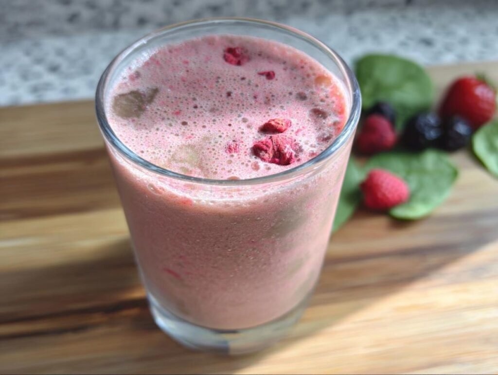 Close-up of a pink berry smoothie, a Perfect Every Time Starbucks Drink copycat, garnished with dried berries.