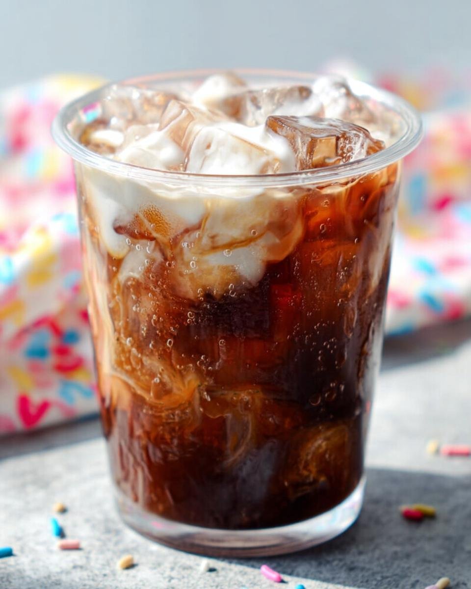 Close-up of a delicious iced coffee Starbucks order with cream swirling into the dark coffee over ice.