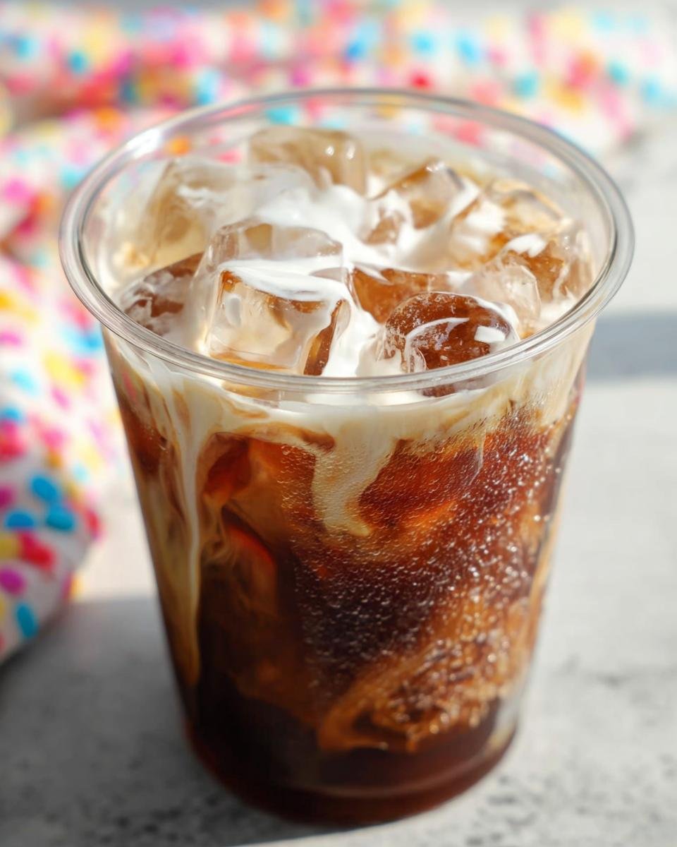 Close-up of a refreshing iced coffee Starbucks order with ice cubes and cream swirling into the dark coffee.