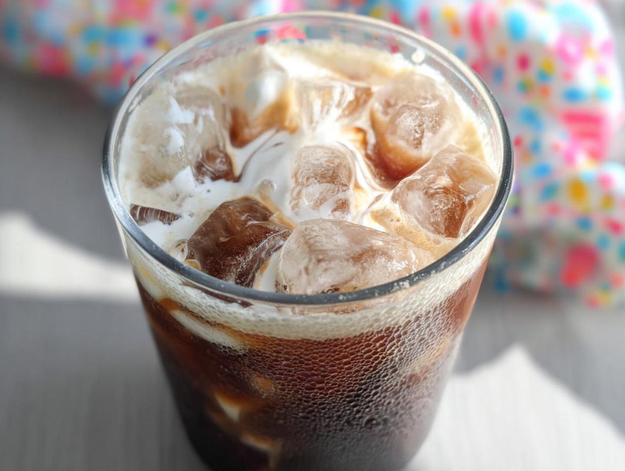 Close-up of a refreshing glass of iced coffee with cream swirling over ice cubes, representing the Best Iced Coffee Starbucks Orders.