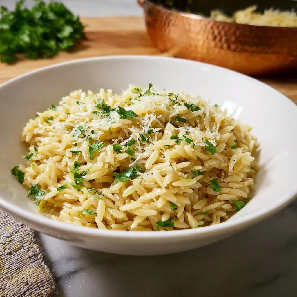 Close-up of a white bowl filled with the Best Orzo Dinner Recipe, garnished with grated Parmesan cheese and fresh parsley.