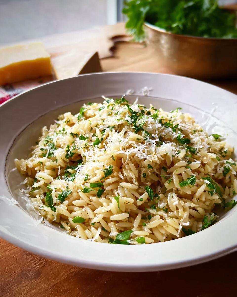 Close-up of a bowl of the Best Orzo Dinner Recipe, topped with grated Parmesan cheese and fresh parsley.