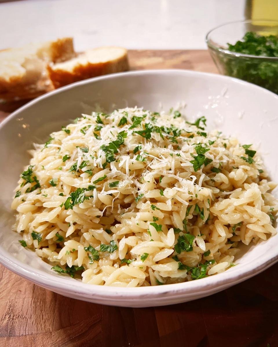 A white bowl filled with the Best Orzo Dinner Recipe, topped generously with grated Parmesan cheese and fresh parsley.
