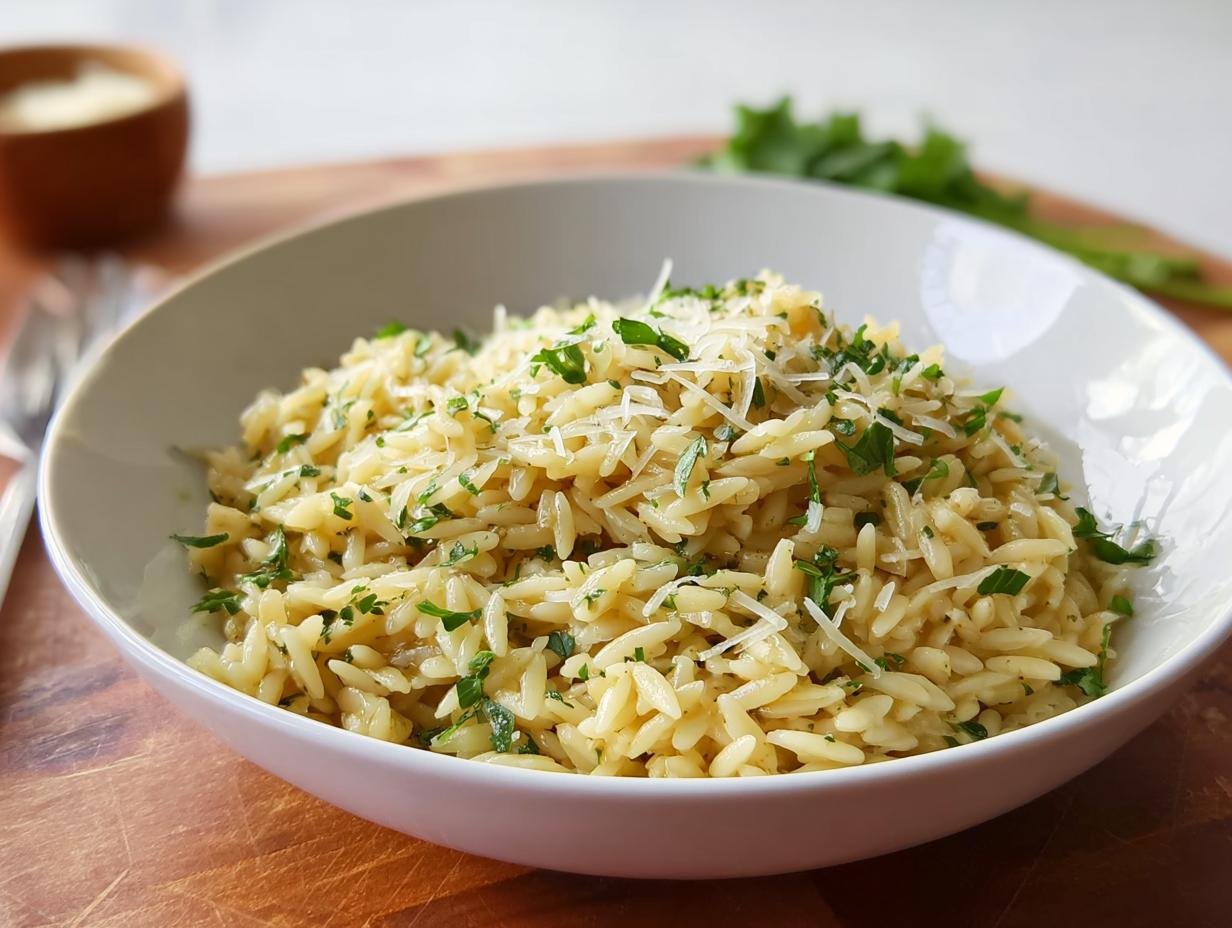 Close-up of a white bowl filled with the Best Orzo Dinner Recipe, topped with grated Parmesan cheese and fresh parsley.