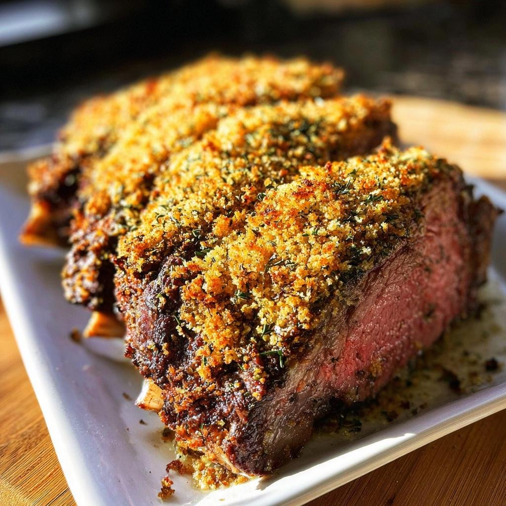 Close-up of perfectly cooked prime rib roast slices featuring a thick, golden, herbed crust from the Best Prime Rib Recipe 2026.