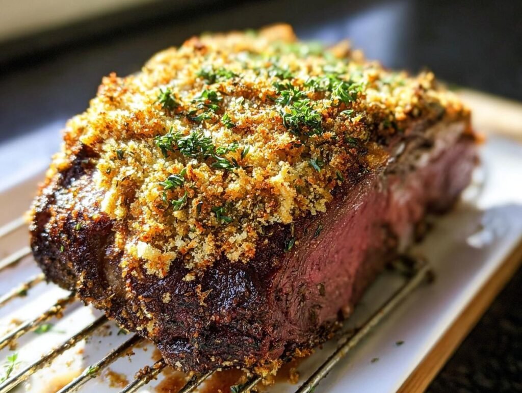 Close-up of a perfectly cooked prime rib roast featuring a thick, golden herb and breadcrumb crust.