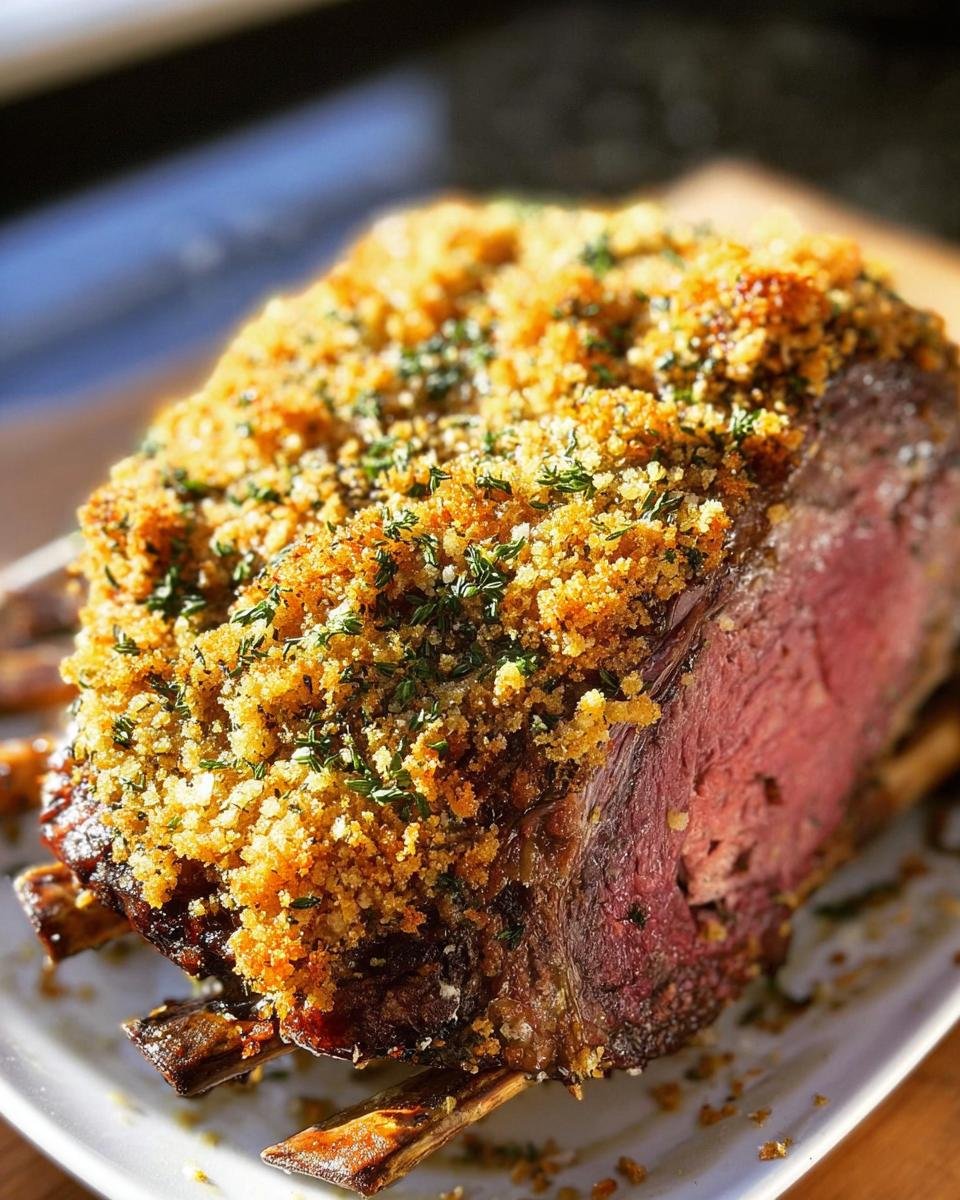 A perfectly cooked prime rib roast featuring a thick, golden, crunchy herb crust, ready to serve.