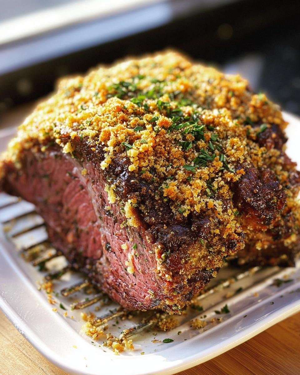 A perfectly cooked prime rib recipe roast resting on a rack, featuring a thick, golden herb and breadcrumb crust.