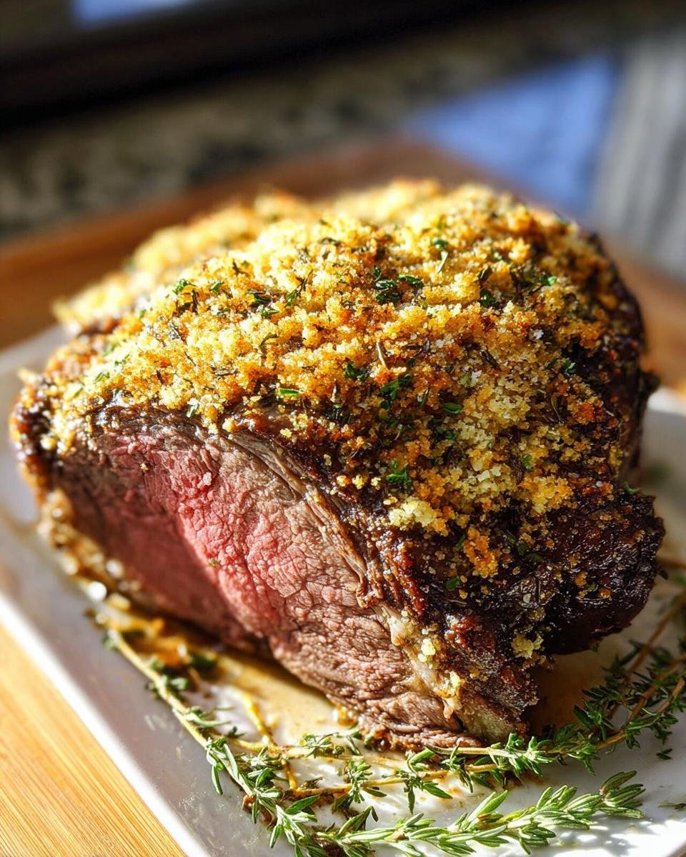 A perfectly cooked prime rib roast with a thick, golden herb and breadcrumb crust, sliced to show medium-rare interior.