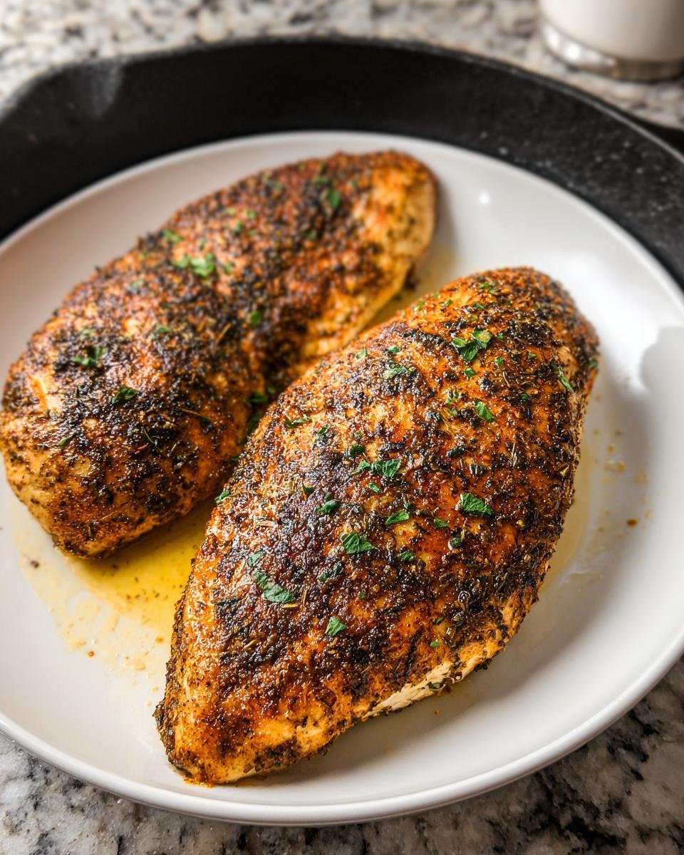 Two perfectly seasoned chicken breasts, resembling the Best Texas Roadhouse Chicken, resting on a white plate with pan juices.
