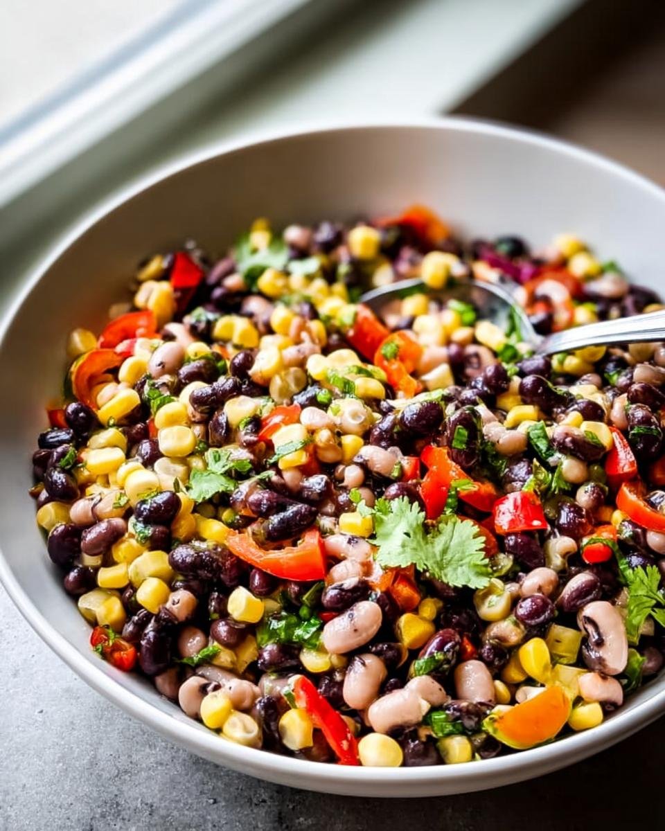 Close-up of a vibrant black bean and corn salad, a great option for New Years Eve Appetizers.