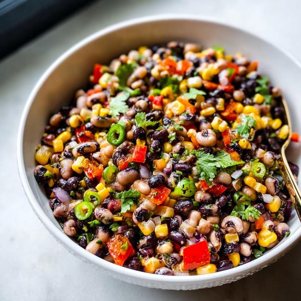 A vibrant bowl of black-eyed pea salad, a perfect choice for New Years Eve Appetizers, mixed with corn and peppers.