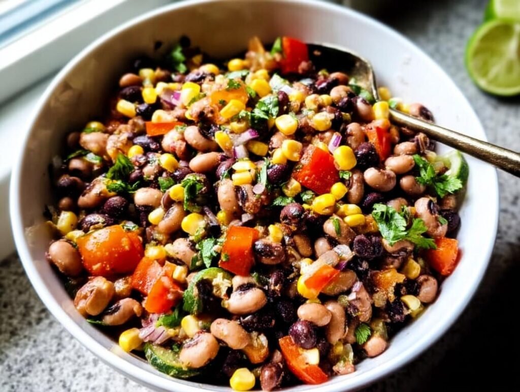 Close-up of a vibrant black-eyed pea salad with corn, tomatoes, and cilantro, perfect for New Years Eve Appetizers.