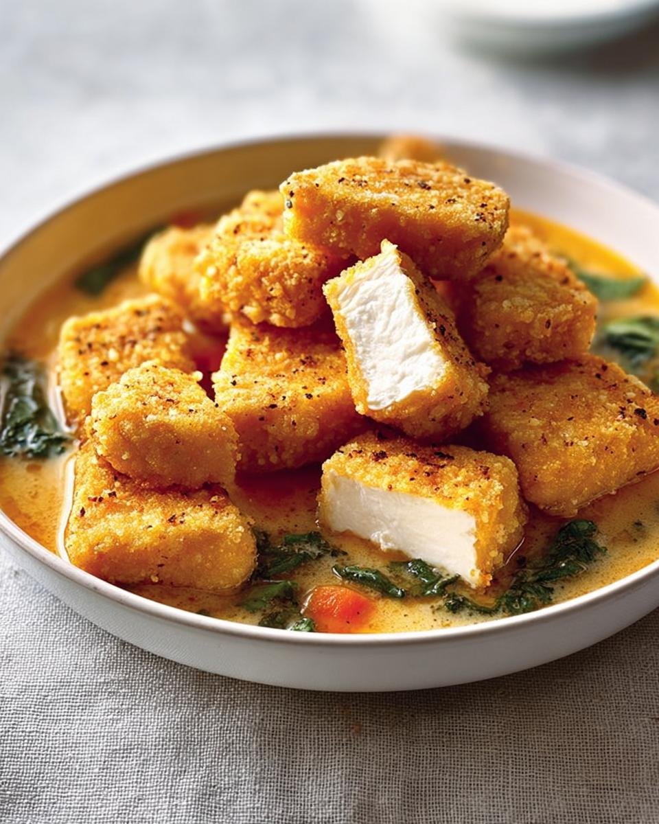 Close-up of breaded tofu cubes in a light yellow broth with spinach, perfect for clean eating dinner recipes made easy.