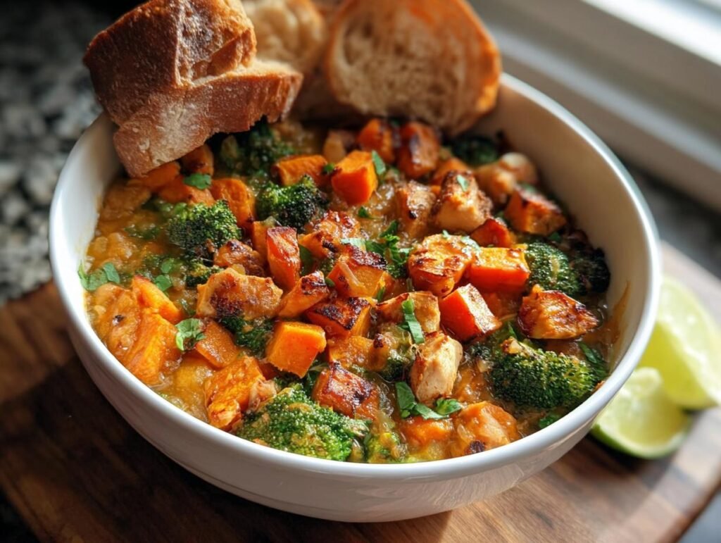 A bowl of healthy meal prep featuring chicken, roasted sweet potatoes, and broccoli in a sauce, served with crusty bread.