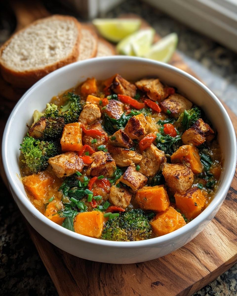 A bowl of a hearty, colorful curry featuring tofu, sweet potato, and broccoli, perfect for Budget-Friendly Healthy Meal Prep Recipes.