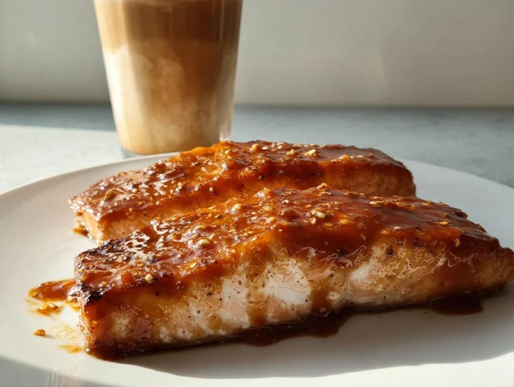 Two pieces of glazed salmon on a plate next to a tall glass of iced coffee, illustrating a budget meal alongside Dorm-Friendly Starbucks Drinks.