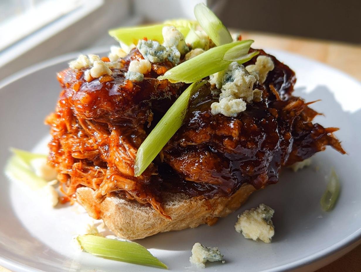 Shredded buffalo chicken thigh meat piled high on a small piece of bread, topped with blue cheese crumbles and celery.