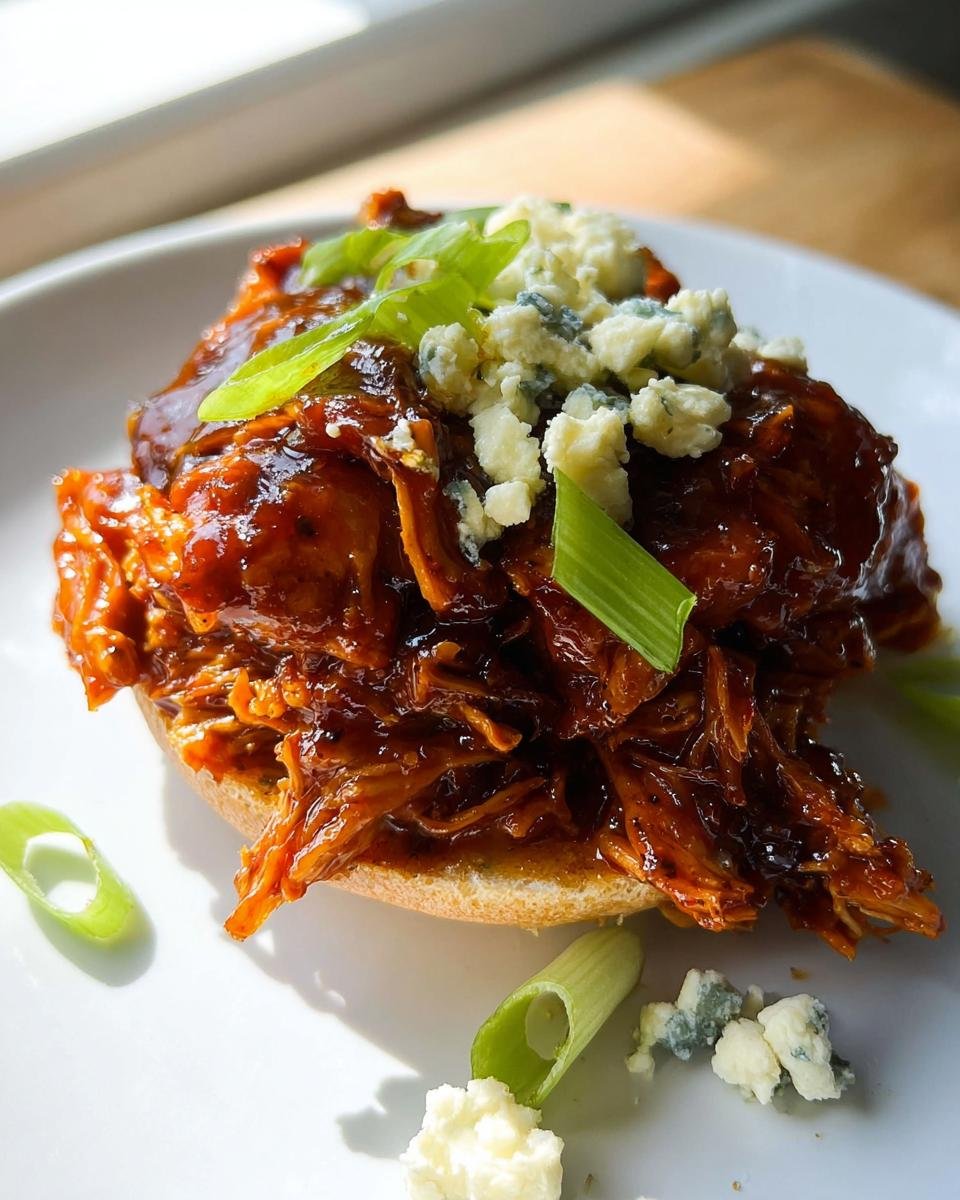 Shredded buffalo chicken thigh meat piled high on a bun, topped with blue cheese crumbles and green onions.