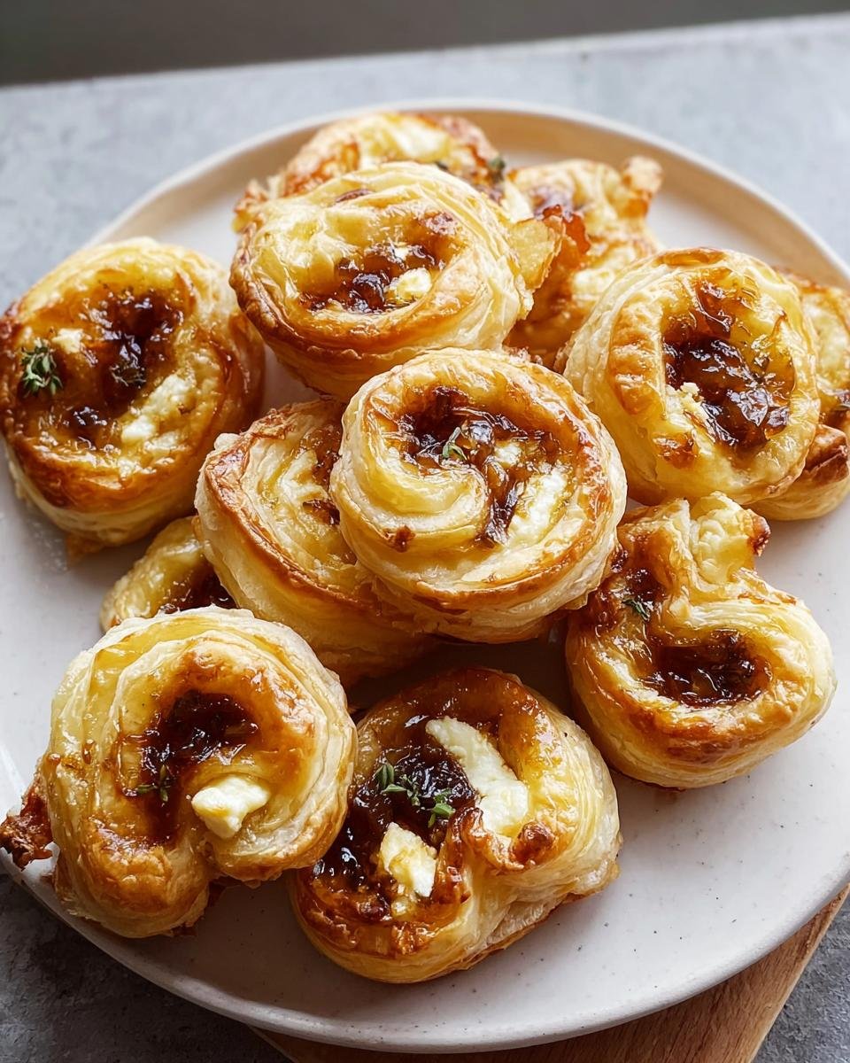 Golden brown puff pastry bites filled with goat cheese and caramelized onion, perfect for New Year's Eve Party Eats.