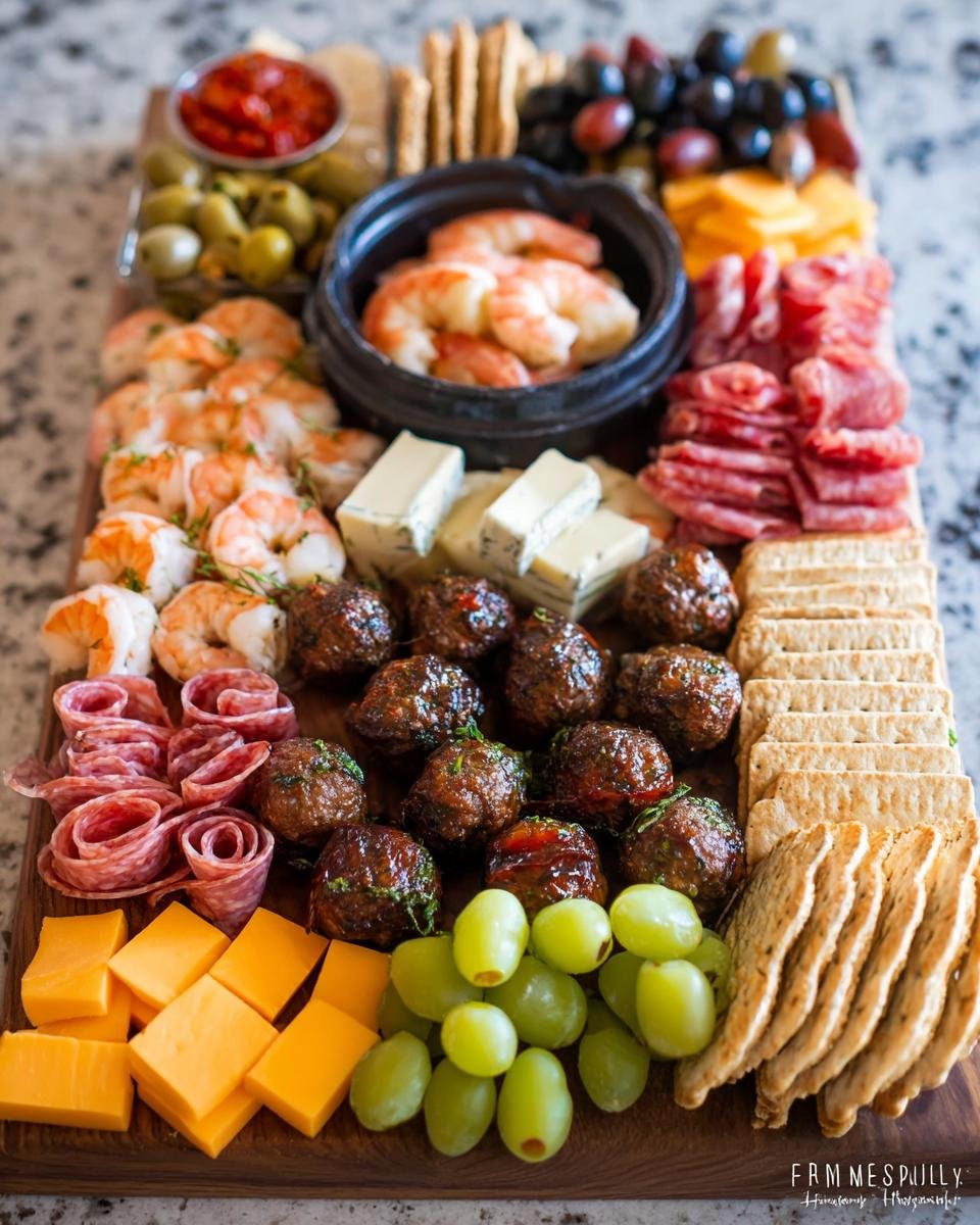 A fully loaded charcuterie board featuring meatballs, shrimp, cheese, salami, and grapes, perfect for New Year's Eve Appetizers.