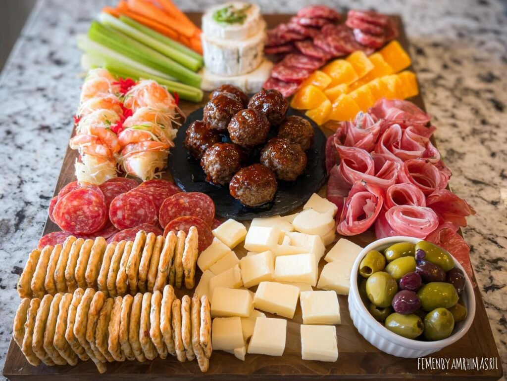 A large wooden board filled with various New Year's Eve appetizers including meatballs, shrimp, cheeses, cured meats, crackers, and olives.