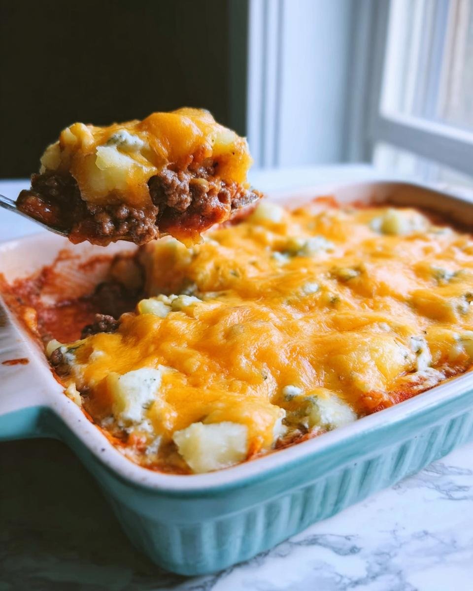 A spoonful of cheesy ground beef and potato casserole being lifted from a baking dish, showcasing layers of a Quick & Easy Family Dinner Casserole.