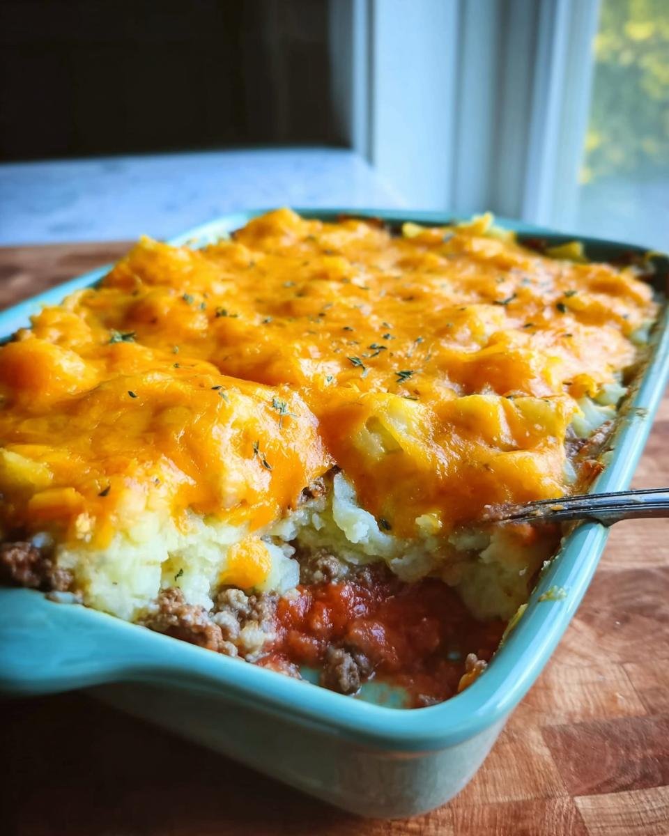 A scoop being taken out of a baked casserole with ground meat, tomato sauce, mashed potatoes, and melted cheddar cheese topping.