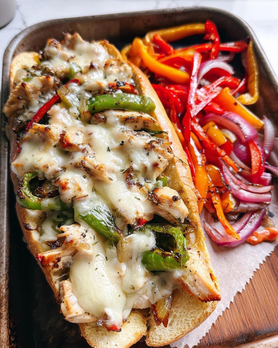 A cheesy chicken Philly sandwich served alongside sautéed bell peppers and onions, perfect for quick dinner ideas.