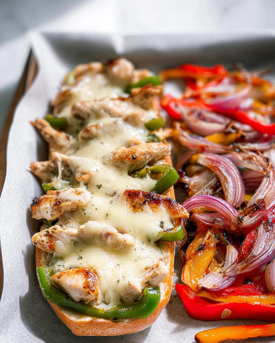 A cheesy chicken and pepper sandwich served alongside roasted onions and peppers, perfect for Quick Dinner Ideas.