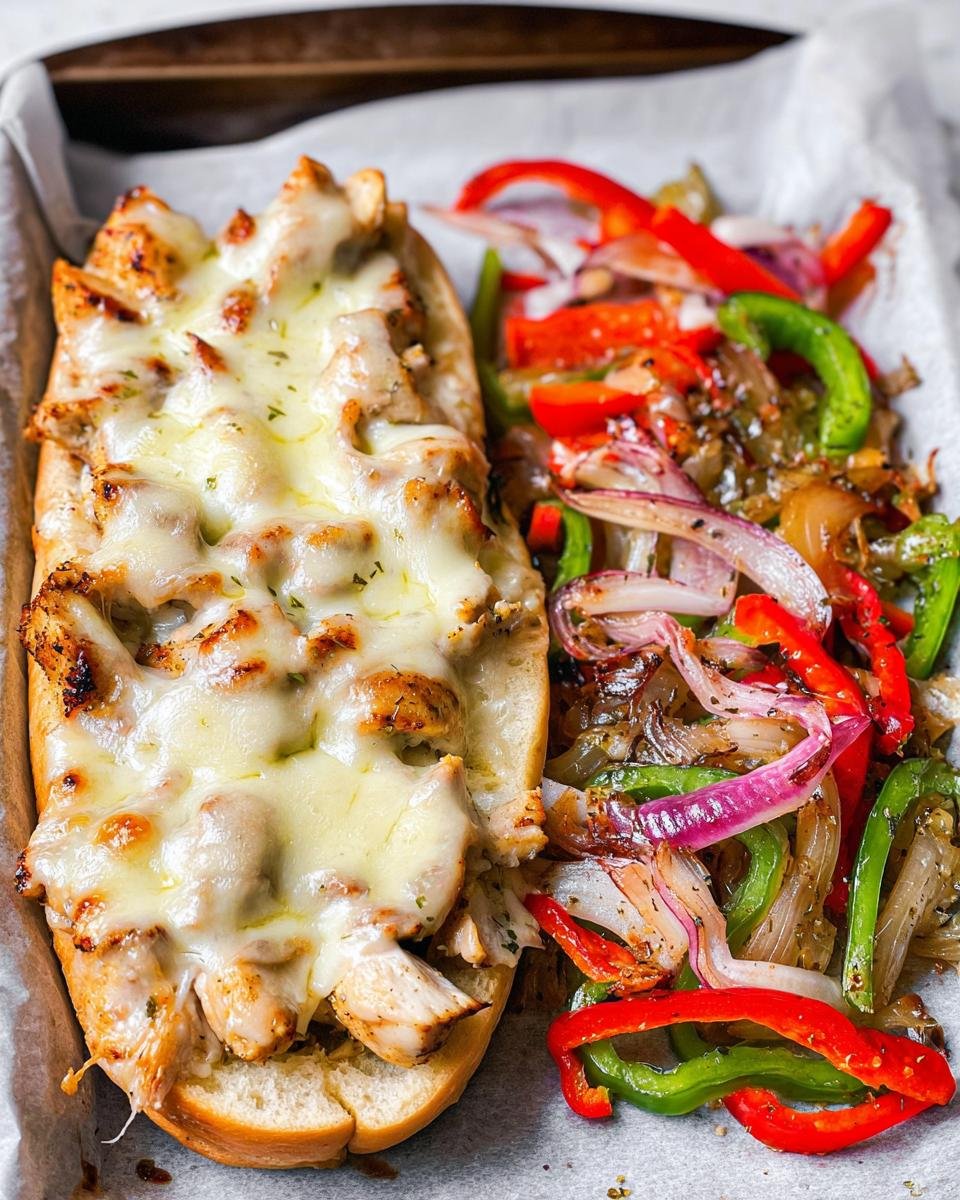 Melted cheese covers a chicken sub sandwich served next to sautéed peppers and onions, perfect for Quick Dinner Ideas.