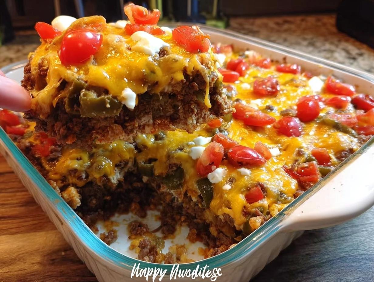 A hand lifting a hearty serving of a layered, cheesy dip topped with tomatoes, perfect for Simple New Year's Eve Appetizers.