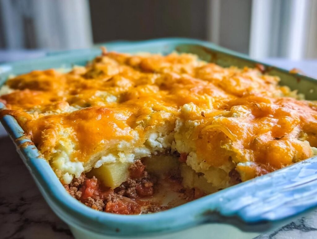 Close-up of a baked casserole with ground meat, potatoes, and a thick layer of melted cheddar cheese, perfect for Quick & Easy Family Dinner Casseroles.