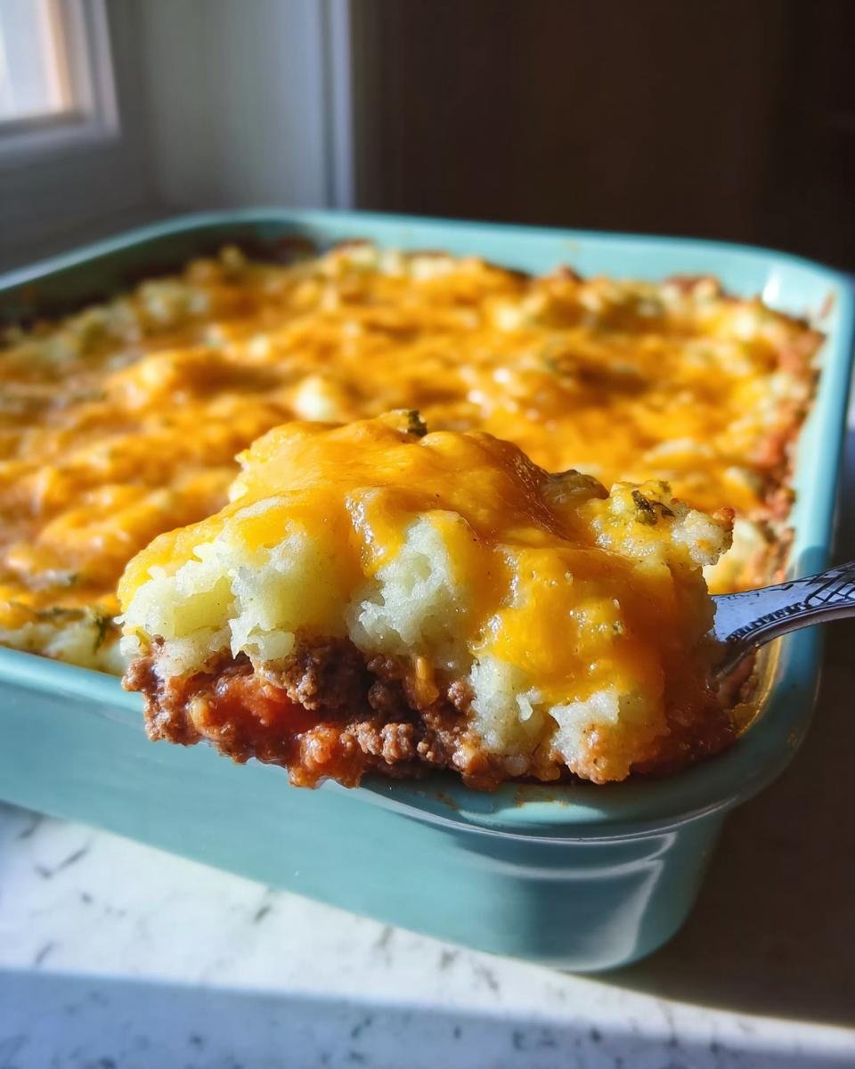 A spoonful of a Quick & Easy Family Dinner Casserole, likely Shepherd's Pie, showing ground meat and mashed potatoes topped with melted cheddar cheese.