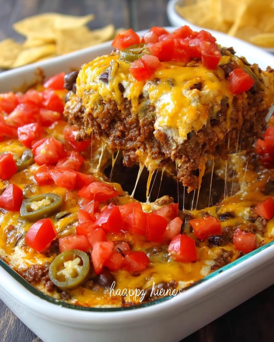 A scoop of cheesy, layered taco dip being lifted from a baking dish, perfect for Simple New Year's Eve Appetizers.