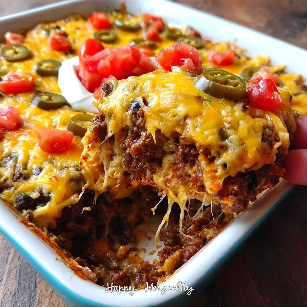 A scoop of cheesy, meaty dip topped with tomatoes and jalapeños, perfect for Simple New Year's Eve Appetizers.