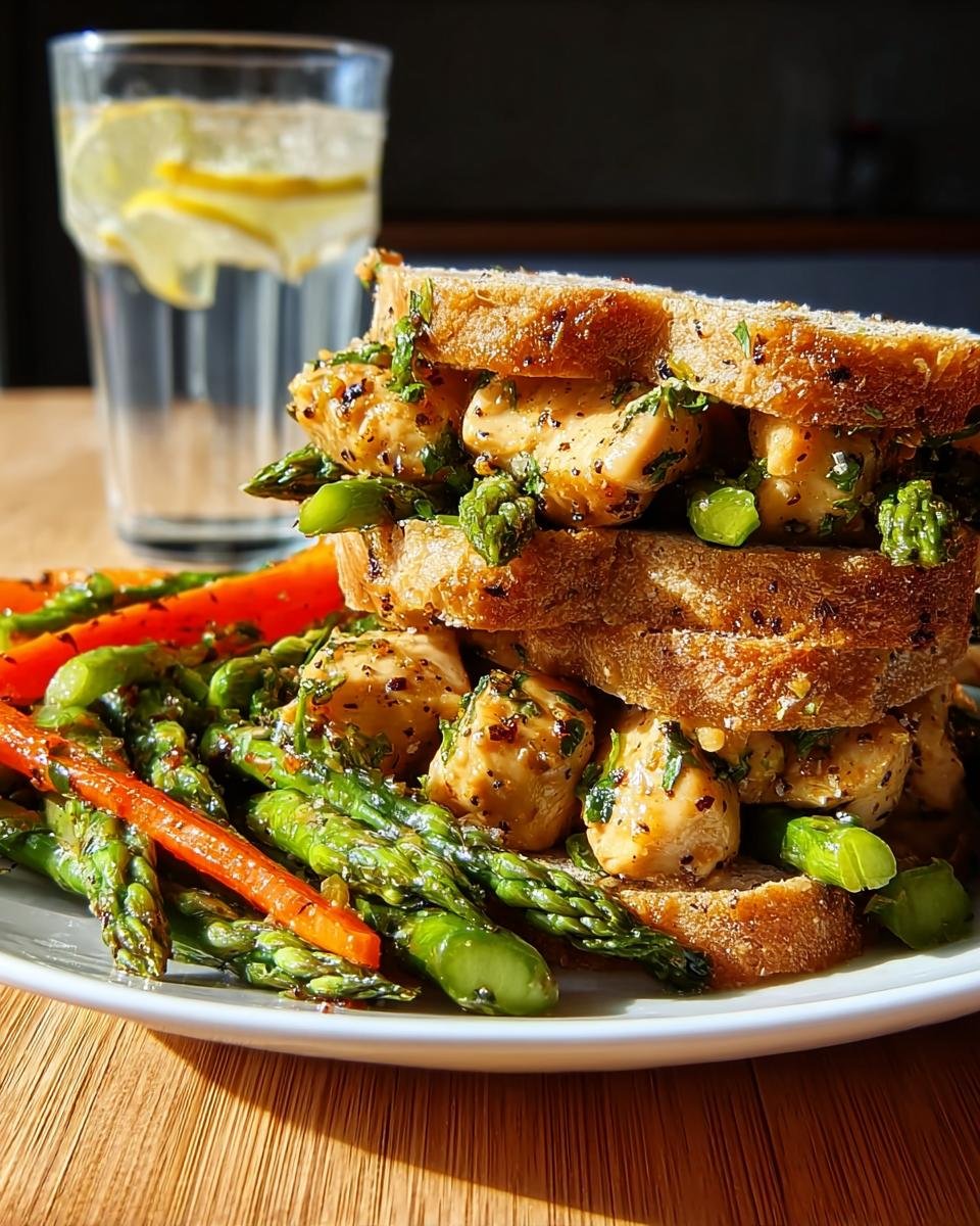 A hearty chicken and asparagus sandwich served with a side of sautéed vegetables, perfect for Light & Fresh Lunch Ideas.