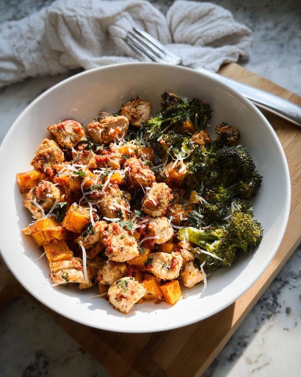 A bowl containing seasoned chicken pieces, roasted sweet potato, and broccoli, representing Simple Healthy Meals with Everyday Ingredients.