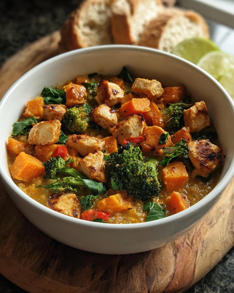 A bowl of chicken, sweet potato, and broccoli curry, perfect for Budget-Friendly Healthy Meal Prep Recipes.