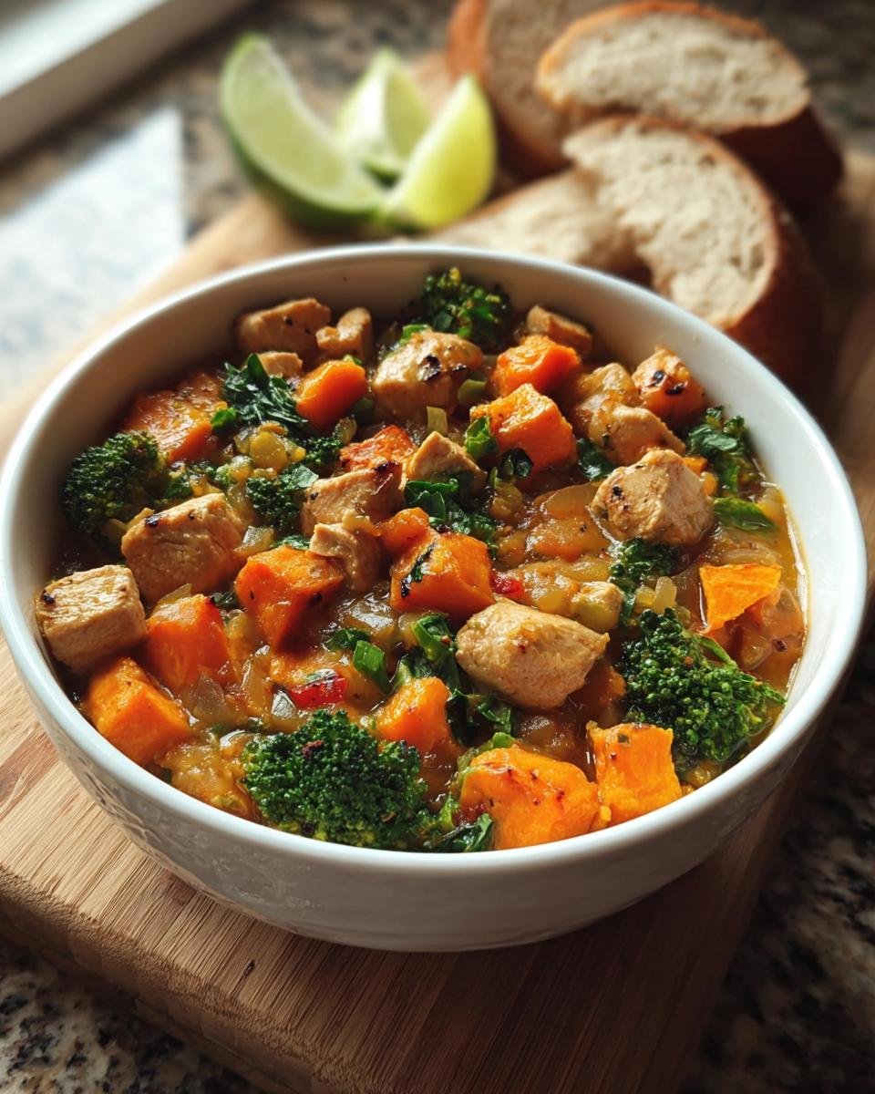 Bowl of chicken and sweet potato stew with broccoli, part of Budget-Friendly Healthy Meal Prep Recipes.