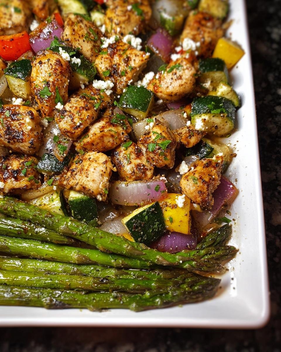 Close-up of seasoned chicken pieces mixed with zucchini, red onion, and asparagus, perfect for Easy Healthy Meal Prep.