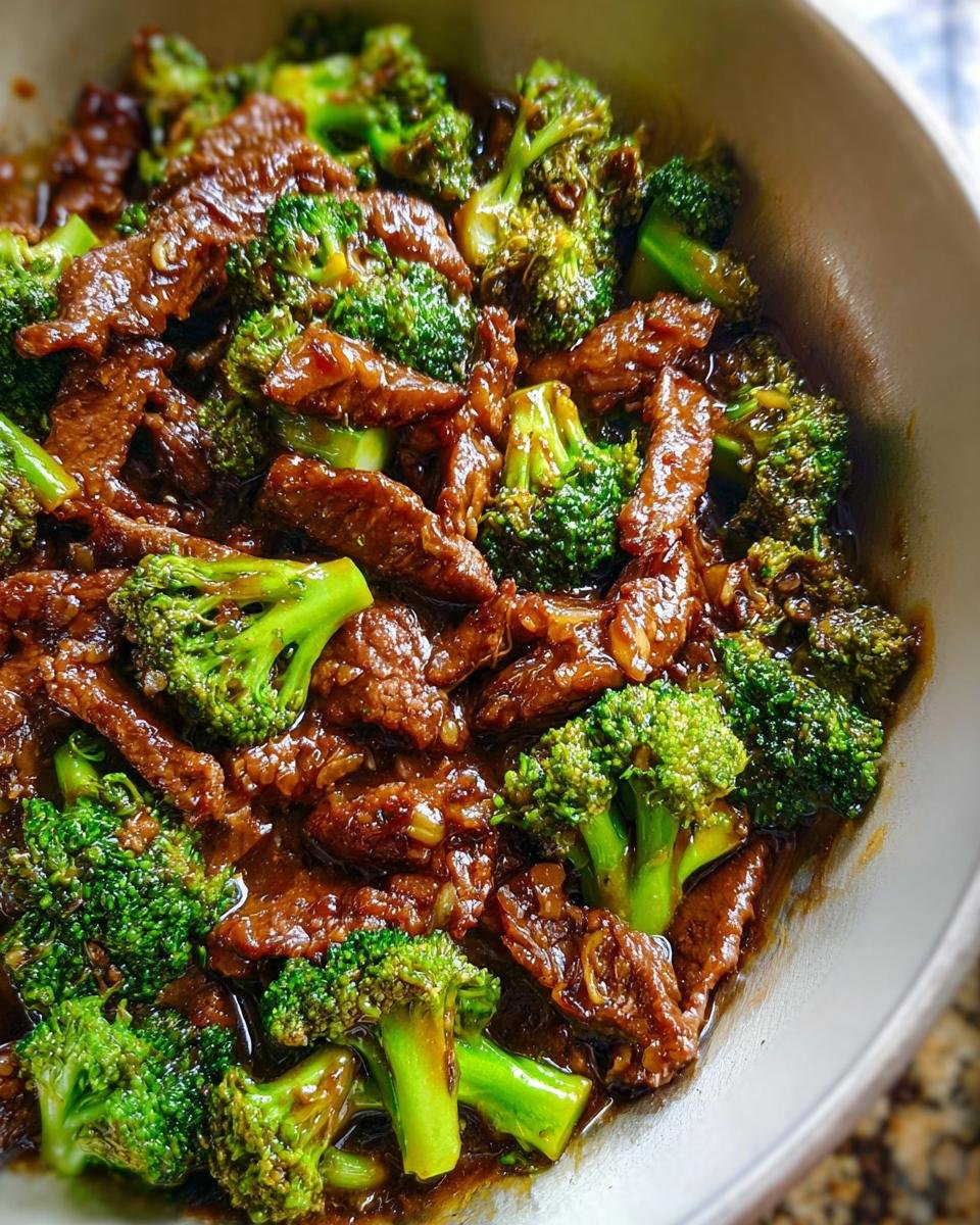Close-up of tender strips of beef coated in dark sauce mixed with bright green broccoli florets in Chinese Beef and Broccoli.