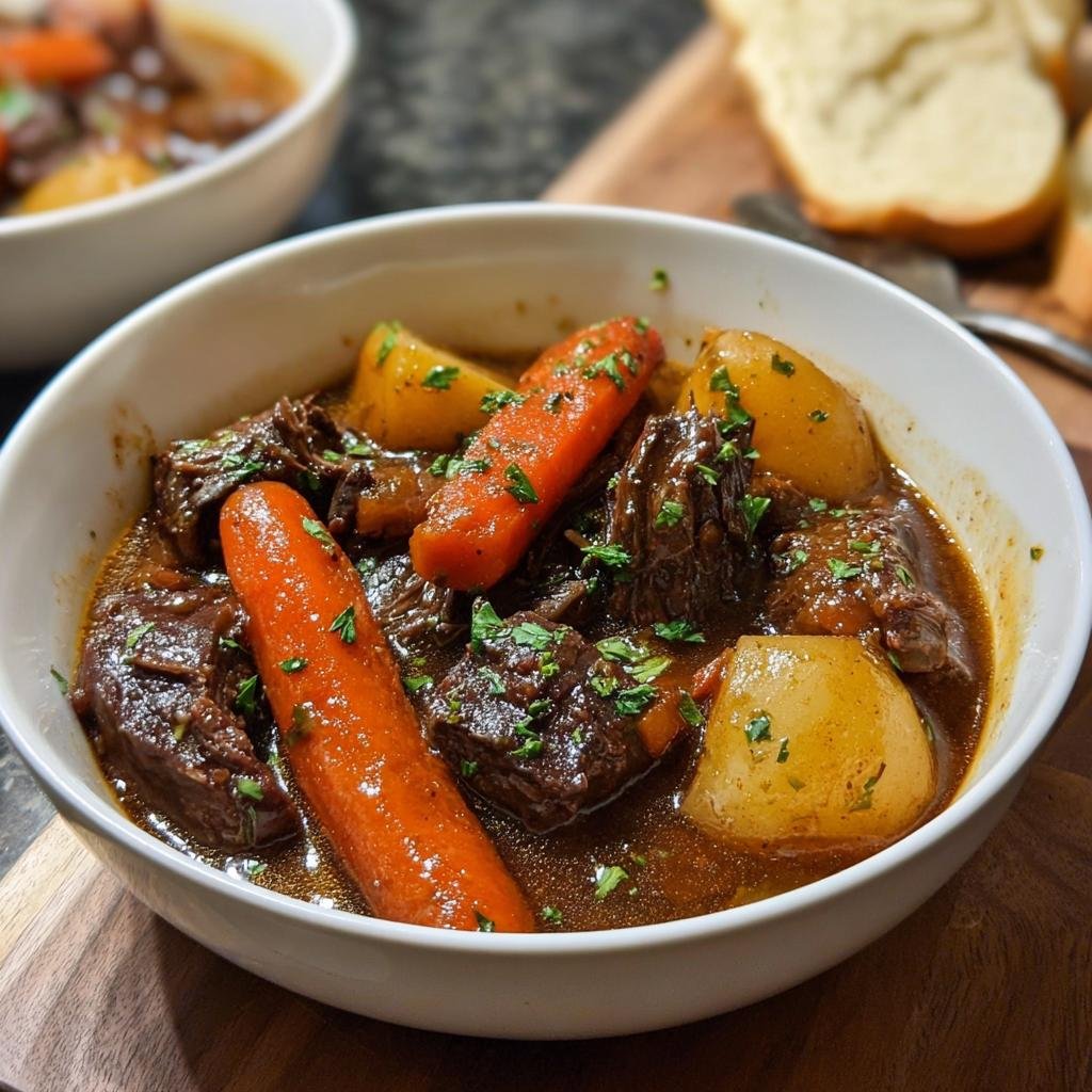 A close-up of a white bowl filled with rich, dark Comforting Leftover Prime Rib Beef Stew, featuring chunks of beef, carrots, and potatoes.