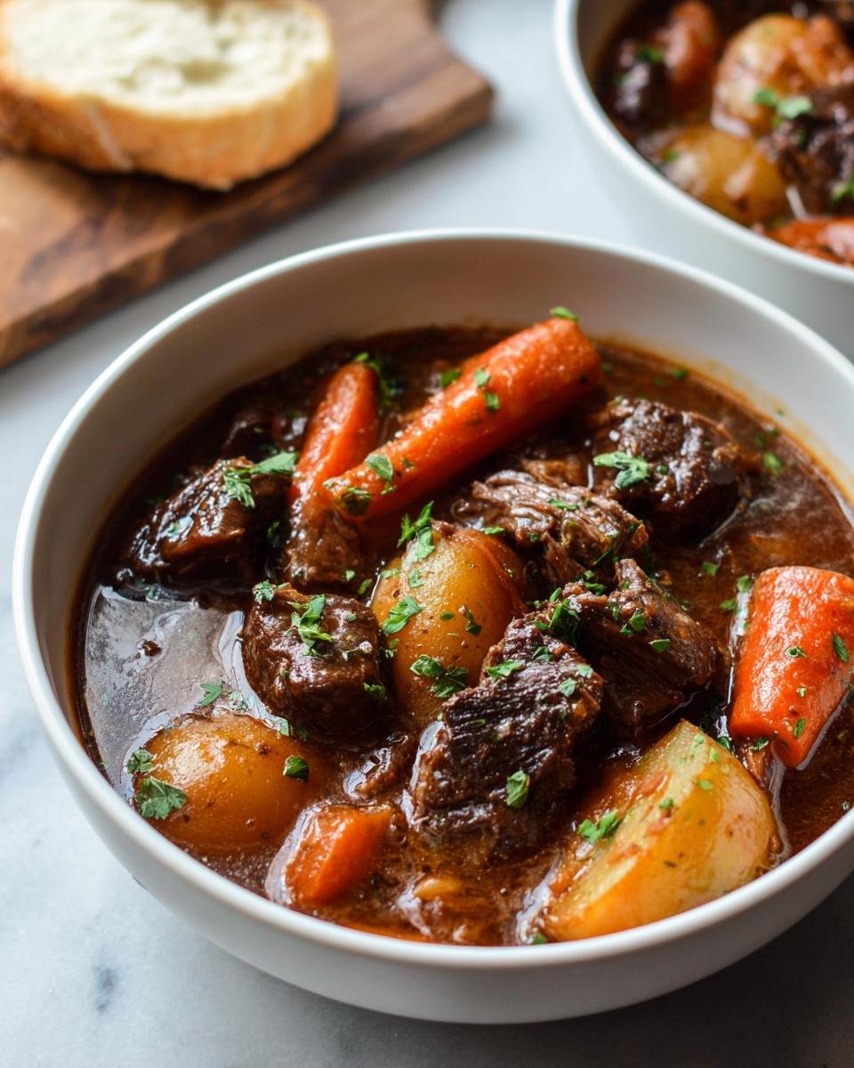 Close-up of a bowl of rich, dark Comforting Leftover Prime Rib Beef Stew with chunks of beef, carrots, and potatoes.