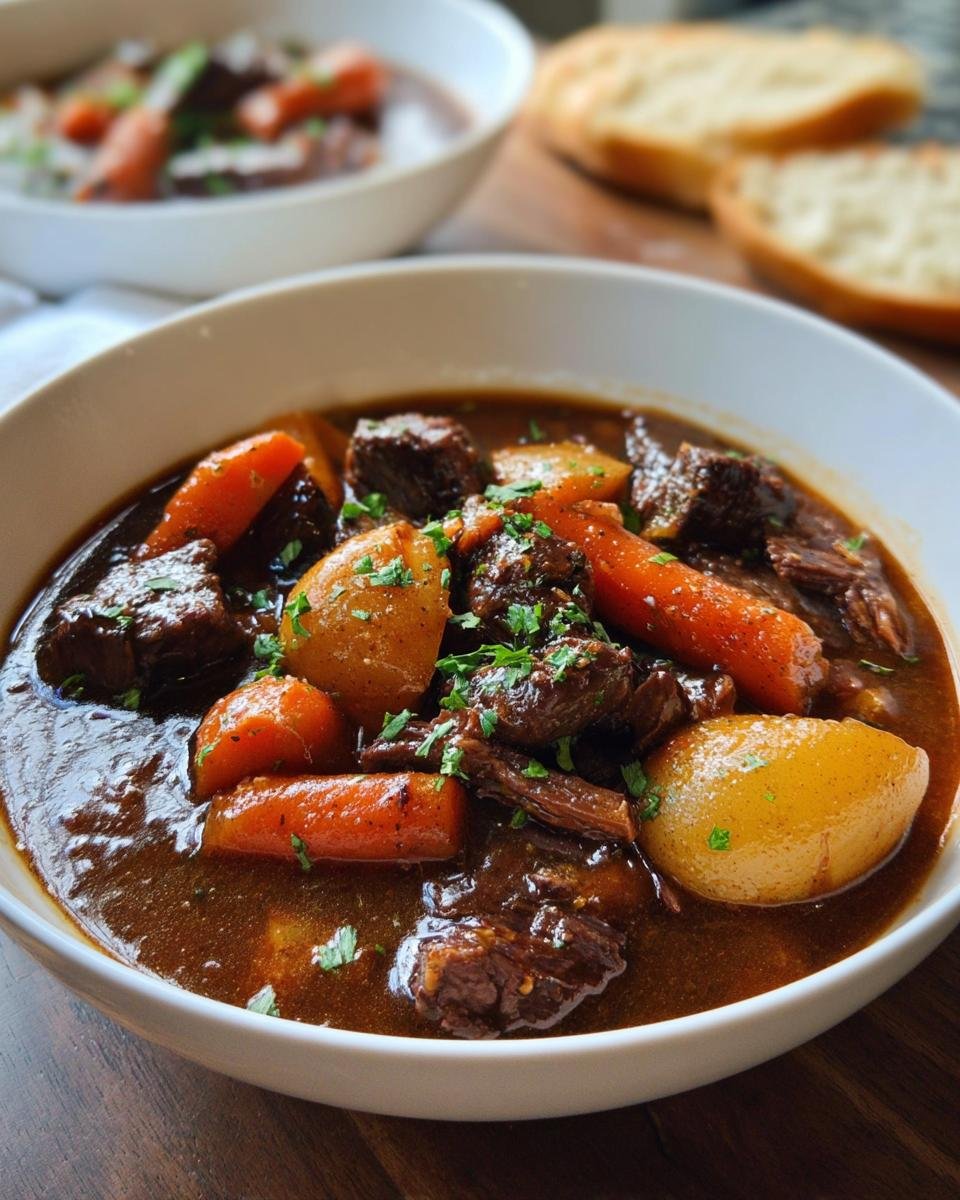 Close-up of a bowl filled with Comforting Leftover Prime Rib Beef Stew, featuring chunks of beef, carrots, and potatoes.