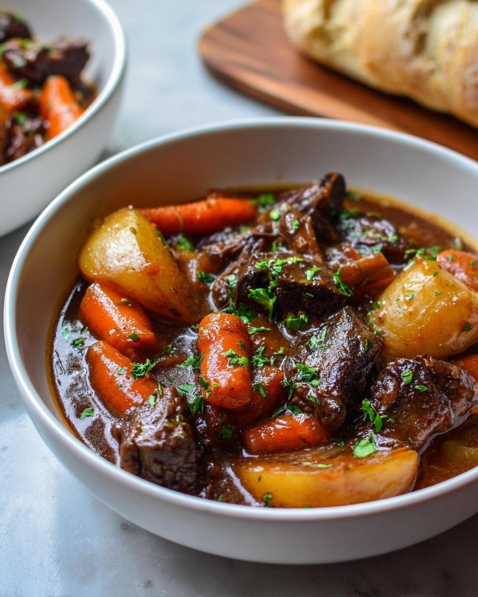 A close-up of a bowl filled with rich, dark Comforting Leftover Prime Rib Beef Stew featuring chunks of beef, carrots, and potatoes.