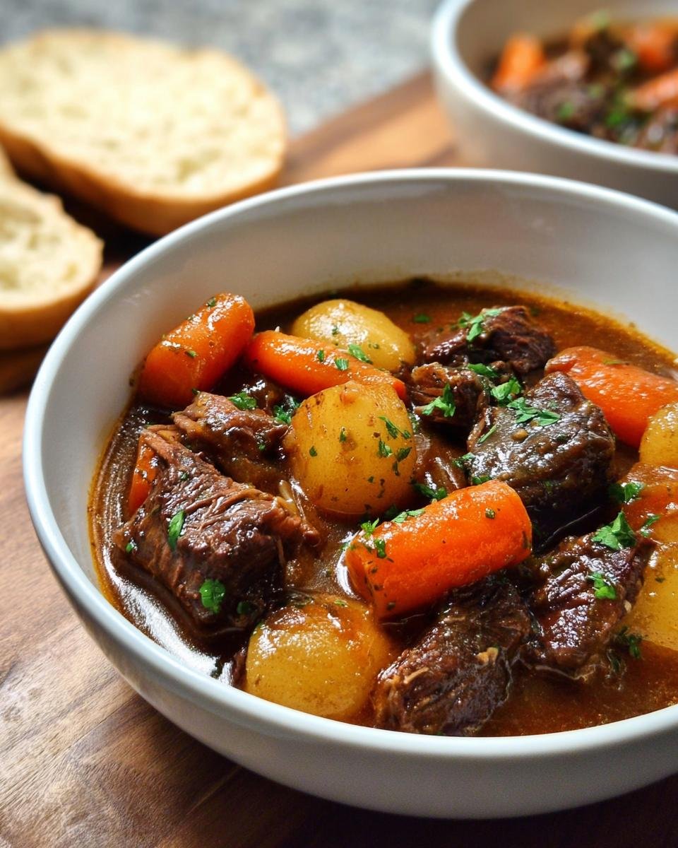 Close-up of a bowl of Comforting Leftover Prime Rib Beef Stew with chunks of beef, carrots, and potatoes.